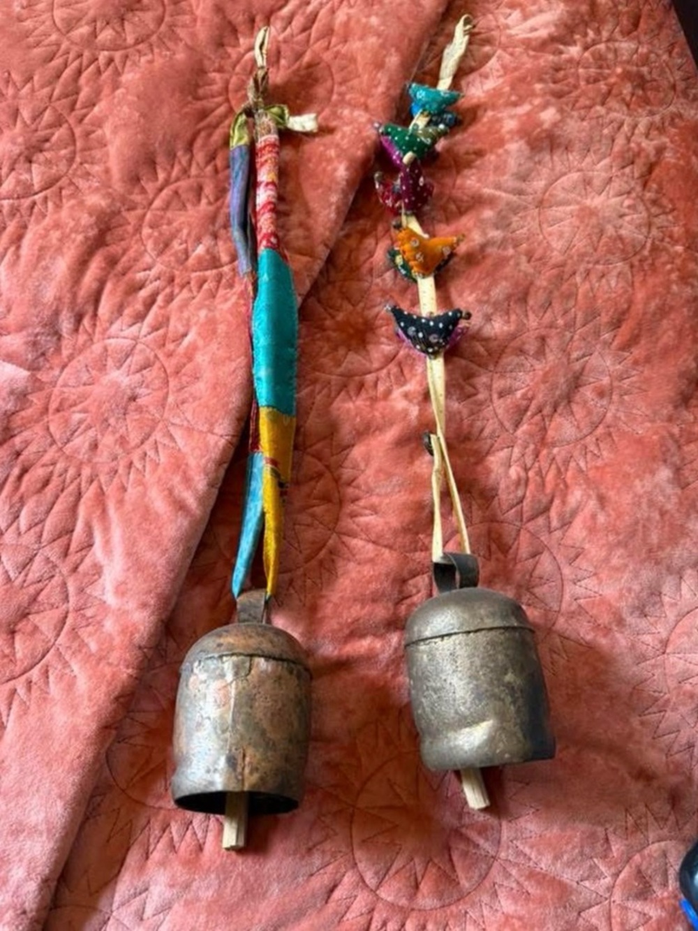 Rustic Metal Cowbell Pair with Colorful Fabric Straps